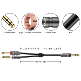 J&D 1/4 inch TRS Cable, Copper Shell 6.35mm 1/4 inch TRS Male to Dual 6.35mm 1/4 inch TS Male Stereo Y Splitter Insert Cable, Gold Plated Mono Breakout Cable Audio Cord, 0.9 m