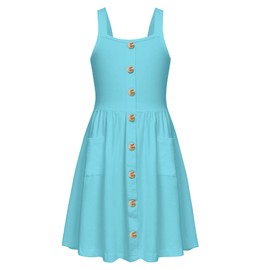 Arshiner Vestido de verano para niña, con tirantes delgados, sin mangas, estilo informal, con bolsillos, para verano, con tirantes delgados, Azul/claro, 9-10 Años