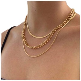 Yheakne Vintage Layered Curb Chain Necklace Gold Herringbone Necklace Punk Round Snake Chain Necklace Multiple Layering Chain Necklace Jewelry for Women and Girls