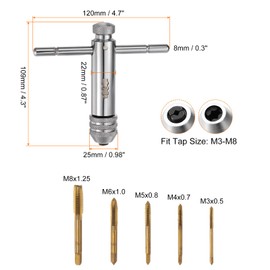 sourcing map T-Handle Ratchet Tap Wrench + Metric Tap Set, 5pcs M3 M4 M5 M6 M8 Ti-Coated Thread Taps and M3-M8 Adjustable 4.3" Short Ratcheting Wrench Hand Tapping Tools