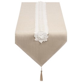 SANLEHAUSE Table Runner Beige 40 x 270 cm Linen,Embroidered Tassel Tablerunner, Plain, Elegant, Easy-care Table runner for Dining Table, Coffee Table, Restaurant, Decoration