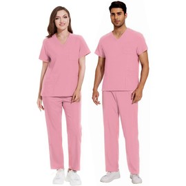 Meichoon Scrubs Set for Medical Professionals 8-Pocket Design Moisture-Wicking Quick-Dry Fabric DK77Pink S