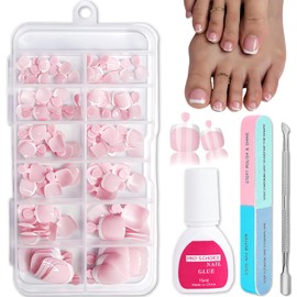 Fake Toe Nails Set - 120PCS Short Square False Toe Nails Kit With Glue & Nail File Set - Nude French Tip Stick On Toenails for Women - False Toenails DIY Gift