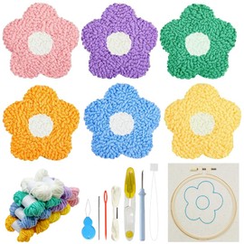 Allazone - Juego de posavasos con agujas de perforación, 6 kits de agujas de bordar, kit de bordado con hilos de fieltro, herramientas de aro para manualidades