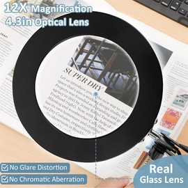 LANCOSC 12X Magnifying Glass with Light and Stand, Real Glass Lens 3 Color Modes Stepless Dimmable, Hands Free Adjustable Arm LED Lighted Magnifier Desk Lamp & Clamp for Crafts Reading Repair - Black