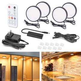 WOBANE LED Under Cabinet Lights, Black Puck Lights, 9W 700Lumens, Remote Control, Dimmable Counter Lighting for Kitchen, Closet, Shelf, 2700K Warm White,Super Bright,Timing, Ultra Thin, Set of 4