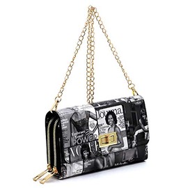 Amy & Joey Glossy Magazine Cover Collage Michelle Obama Printed Crossbody Wallet Clutch Bags with Flap and Zip Around Closure (Double Zip-Grey/Black)