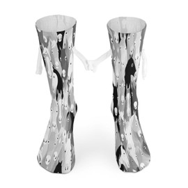 1 Pair Soft Socks White Holding Hands, Compression Knee High Stockings Long Athletic Circulation 16x3.9 in Print Seamless Cartoon Horse Heads Texture in Retro Vintage Style