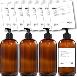Genérico Dispensadores de jabón con Etiquetas para Elegir. para baño, Cocina, regadera, Botella Ambar y Tapa Negra. 4 dispensadores y 8 Etiquetas con Diferentes títulos.