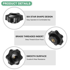 M METERXITY 4-Pack 6 Star Knobs, M6 Female Thread 38mm Hexagon Head Through Hole Clamping Grip Handles for Machinery/Electronic/Woodworking, Brass Screw-On Threaded Knob [Black]