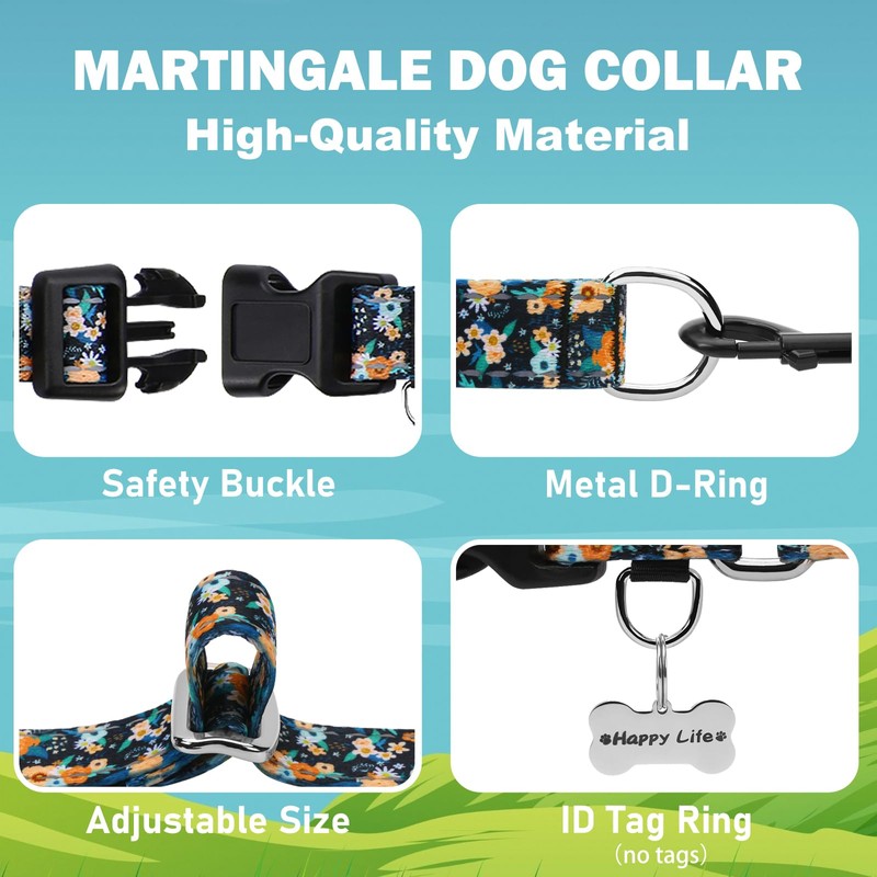 Fidohug Reflective Martingale Dog Collar with Buckle Soft Nylon Floral