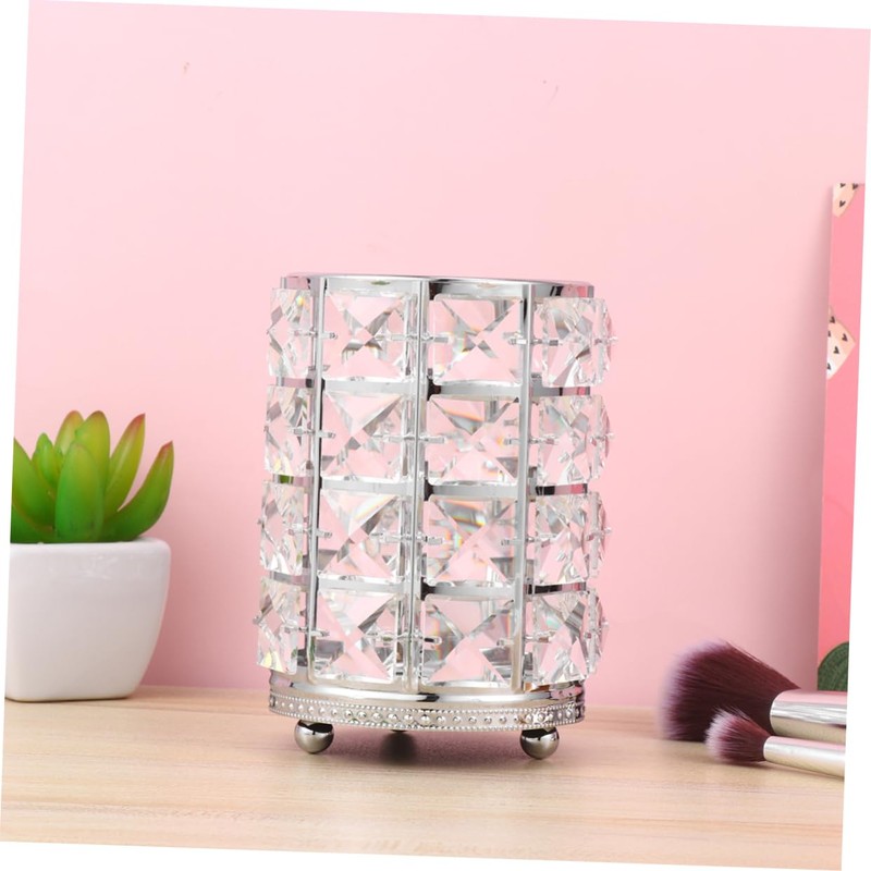BIUDECO Large Silver Crystal Cosmetics Brush Holder Hollow Lace Design