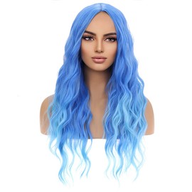 MAGQOO Blue Wig for Women Blue Ombre Wig Long Curly Wavy Light Blue Wigs Middle Part Heat Resistant Hight Density Synthetic Wigs (Blue Ombre)