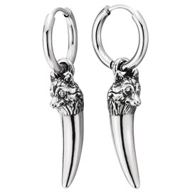 Wolf Tooth Hope Earrings, Nordic Viking Tribal Drop Men's Stainless Steel Huggie Earrings, Statement, Stainless Steel, Cubic Zirconia