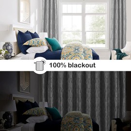 Light Grey and Silvery 100% Blackout Jacquard Geometric Pattern Curtains,42 Inch Wide 63 Inches Length 2 Panels, Thermal Insulated Noise Reducing Anti-Rust Grommet Drapes for Bedroom Living Room
