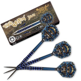 Shot! | Tribal Weapon Darts | Steel Tip Darts Set | 90% Tungsten | Java | Front Weighted | Professional Darts | Metal Tip Darts for Bristle Dartboard | Available in Multiple Weights (26, Grams)