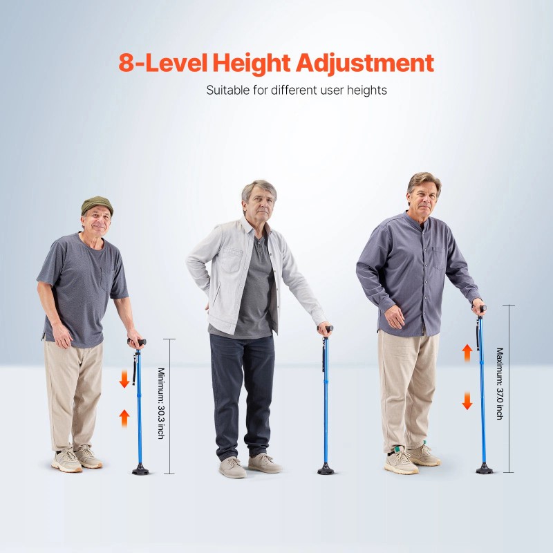 VEVOR Walking Cane Folding Walking Stick 8-Level Height 4-Pronged Pivoting