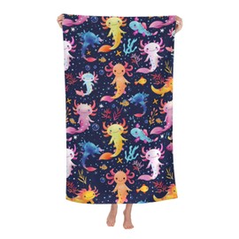VODRM Colorful Axolotl Beach Towel, 32x52in Microfiber Quick Dry Fun Underwater Fantasy Cute Sea Bath Towels, Soft Lightweight Oversized Sand Free, for Travel Pool Swimming Gym Decor, Gifts Girls