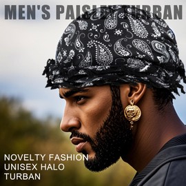 Turban for Men, Paisley Turban Durags with Tassel, Satin Lined Head Wraps, Vintage Pre-Tied Tassels Braid Bonnet Durag (Black)