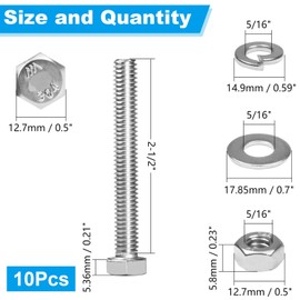 Yinpecly 10 Sets 5/16-18x2-1/2 Hex Head Screw Bolt, Nuts, Flat & Lock Washers, Stainless Steel 304, Machine Fully Thread Hex Bolts, Bright Finish Hexagon Bolt, Nuts and Bolts Assortment Kit