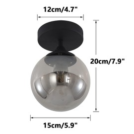 KCO Lighting Mid Century Modern Black Semi Flush Mount Ceiling Light Smoke Grey Globe Glass Ceiling Light Industrial Hallway Close to Ceiling Lights for Porch Bedroom Living Room