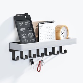 SWTYMIKI Key Rack with Wooden Tray and 7 Hooks - Multifunctional Key Holder/Key Board with Shelf for Hallway, Bedroom & Kitchen, Hanging Kitchen Cutlery (31 x 8 cm), White