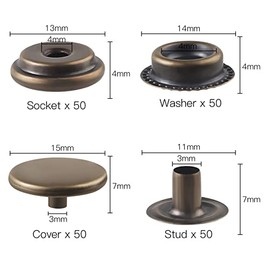 200 piezas (50 juegos) Kit de cierre a presión de 15 mm (15 mm) Broches de botón a presión para broches de piel y cierres para broches de piel inoxidable para bolsa, jeans, ropa, tela (negro + bronce)
