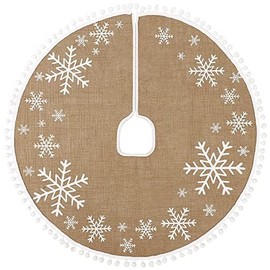 N&T NIETING Christmas Tree Skirt, 75 cm Burlap White Snowflakes Tree Skirt with Small Pom Poms Tree Base Cover for Christmas Tree Christmas Decorations