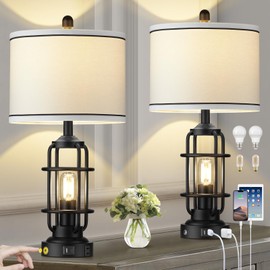 Modern Table Lamps Set of 2, Industrial 3-Way Dimmable Bedside Lamp with USB A+C Ports & AC Outlet, 25" Touch Control Nightstand Lamp LED Night Light for Living Room Bedroom Home(4 Bulbs Included)
