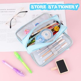 iSuperb Pencil Case Teenager Girls Pencil Case Pencil Case 3 Compartments Large Capacity Pencil Case Zip Bag for School and Office, blue, Casual