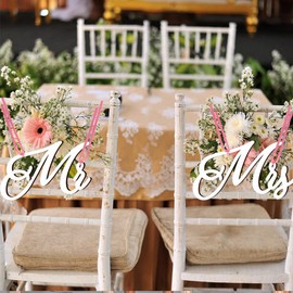 1 Pair Mr and Mrs Chair Signs Wooden Bride and Groom Signs Decoration Chair Back Hanging Pendant with Ribbon Wedding Hanging Sign for Wedding Celebration Proposal Anniversary Party Valentine's Day White