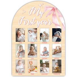 My First Year Milestone Photo Board, One Year Of Wood Photo Board, 12 Monthly Baby Picture Frame, Pink Bow Nursery Decor, Girl Boy 1st Birthday Decorations, Baby Shower Keepsake Best Gift-A15