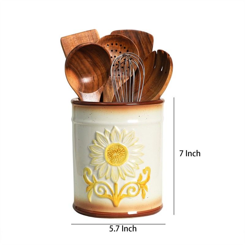 Bicuzat Ceramic Sunflower Embossed Pattern Kitchen Utensil Holder, Large Cooking