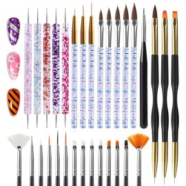 Artdone Juego de 31 pinceles de arte de uñas, herramientas de punteado de uñas, cepillo de polvo de uñas, pinceles de arte de uñas a rayas para líneas