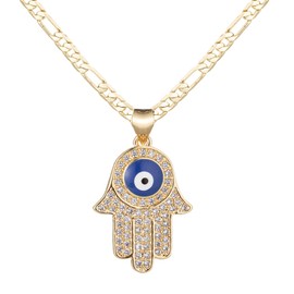 yipima 14K Gold Plated Hamsa Hand Pendant Necklace for Women Men Teens, 3mm Wide Stainless Steel Flat Figaro Chain Necklace (chain length:22", blue eye)