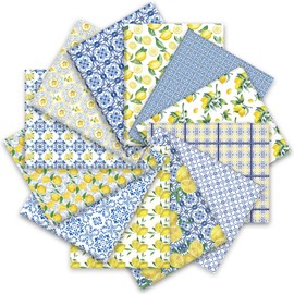 JarThenaAMCS 12Pcs Blue Chinoiserie Cotton Fabric Bundles Watercolor Lemon Fat Quarter Yellow Blue Lemon Quilting Patchwork for Summer Wedding DIY Sewing Crafting, 18 x 22 Inch