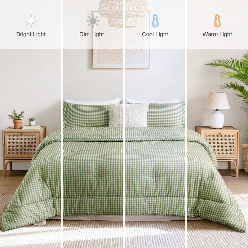 SunNewt Full Comforter Set, Fluffy Green Gingham Plaid Bedding, 3