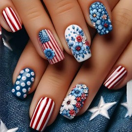4th of July Independence Day Fake Nails Shape Press on Nails Medium Length USA Flag Star Stripe False Nails with Red White Blue Flower Design Full Cover Acrylic Nails for Women Nail Decorations 24 Pcs
