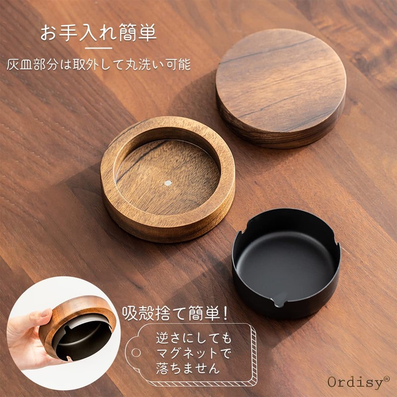 Ordisy Ashtray Wooden with Lid, Stainless Steel with Lid, Tabletop,