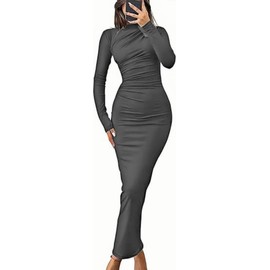 Haibanng Women's Long Sleeve Maxi Dress Bodycon Elegant Dresses Sexy Ruffle Long Sleeve Dress with Stand-Up Collar Vintage Casual Dress Stretch Evening Dress Party Dress Club Dress Cocktail Dress,