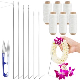 Leriton 13 Pcs Lei Needle Kit Include 6 Pcs Stainless Steel Long Needle 6 Twine 1 Sewing Scissors for DIY Marigold Garland Hawaiian Flowers Bead Stitch Craft(14'', 12'', 9.1'',Basic Style)