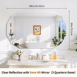 GLASHOM Frameless Bathroom Mirror, 30x48 inch Beveled Bathroom Mirror Wall Mounted, Modern Frameless Mirror for Bathroom, Living Room, Entryway Mirror Horizontal or Vertical