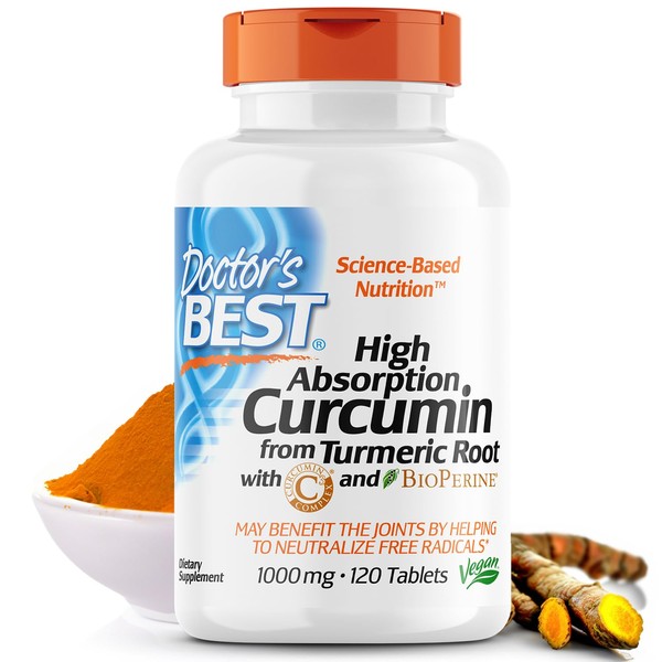 Doctor's Best Curcumin From Turmeric Root with C3 Complex & BioPerine, Benefit the Joints by Helping to Neutralize Free Radicals, Non-GMO, Gluten Free, Soy Free, Joint Support, 1000 mg, 120 Tablets