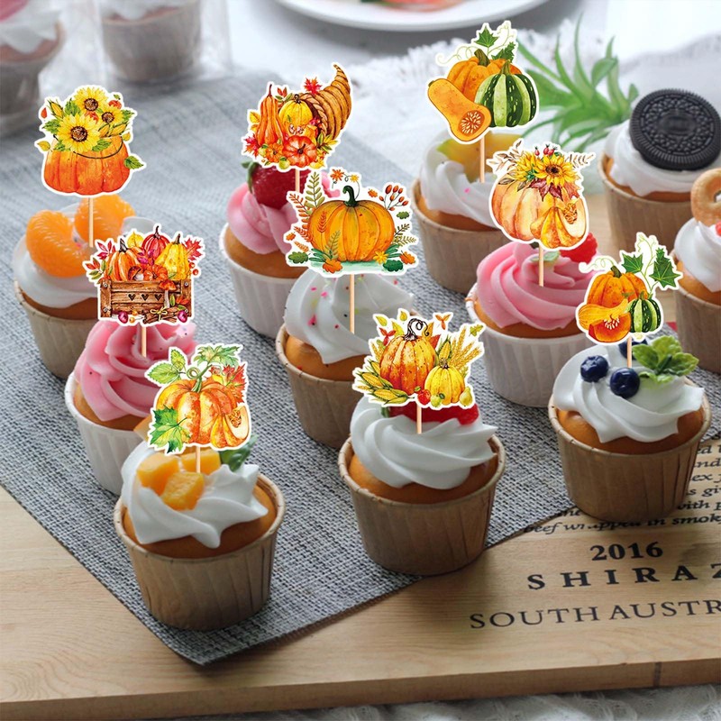 27PCS Pumpkin Cupcake Toppers, Harvest Pumpkin Cake Toppers, Rustic Autumn