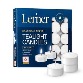 Lerner Tealight Candles, 50 Count| 6 Hours Long-Burning White Tea Light Candles| Non-Toxic, Smokeless & Soot-Free Tea Light Warmer Candles | Unscented Party, Décor, Shabbat Tea Candles
