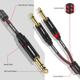 TIMEYES 6.35 mm Audio Cable - Male TRS 1/4 Inch to Male Dual TS 1/4 Inch Y Breakout Cable - TRS 6.5 mm to 2 x 6.5 mm Mono Splitter Adapter Cord - 6.35 mm 1/4'' Inch Cable, 1.6FT/0.5M