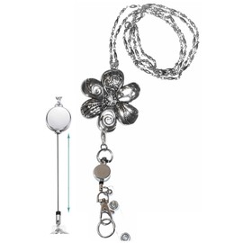Hidden Hollow Beads Retractable Badge Reel, Women's Stainless Steel Lanyard, Strong, ID Card Holder, Keys Teacher Nurse Cruise Key Keychain (Flower Pendant)