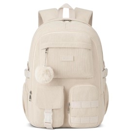 KROSIAS School Backpack for Teens Girls, Large Corduroy Bookbag Lightweight 15.6 inch Laptop Bag for Women Elementary Middle High School College Backpacks Students Travel Daypack - Beige