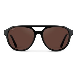 WearMe Pro Rounded Retro Aviator Sunglasses for Men and Women - Polarized Lenses, Double Bridge Design (Glossy Black Frame/Brown Lens)