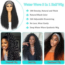 MARYLING Deep Water Wave Half Wig 3 In 1 Wear and Go Headband Wig Drawstring Seamless Flip Over Deep Curly Half Wigs Beginner Friendly Synthetic Half Wig for Black Women Natural Black 26 Inch